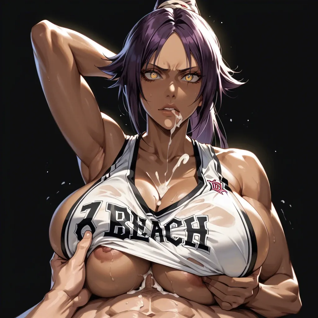 yoruichi shihoin (bleach), paizuri, dick, semen, basketball jersey, massive breast, seductive face, brilliant eyes, upper body, detailed face, black background, do not show hands, abs, High definition