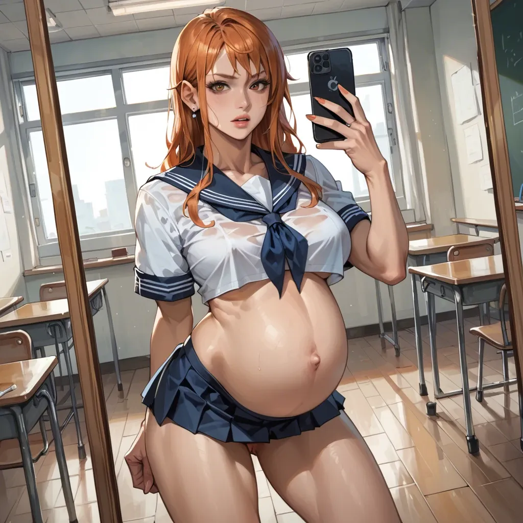 pregnant with muscle abs Nami, slim legs, wear school uniform, selfie in front of mirror, in classroom