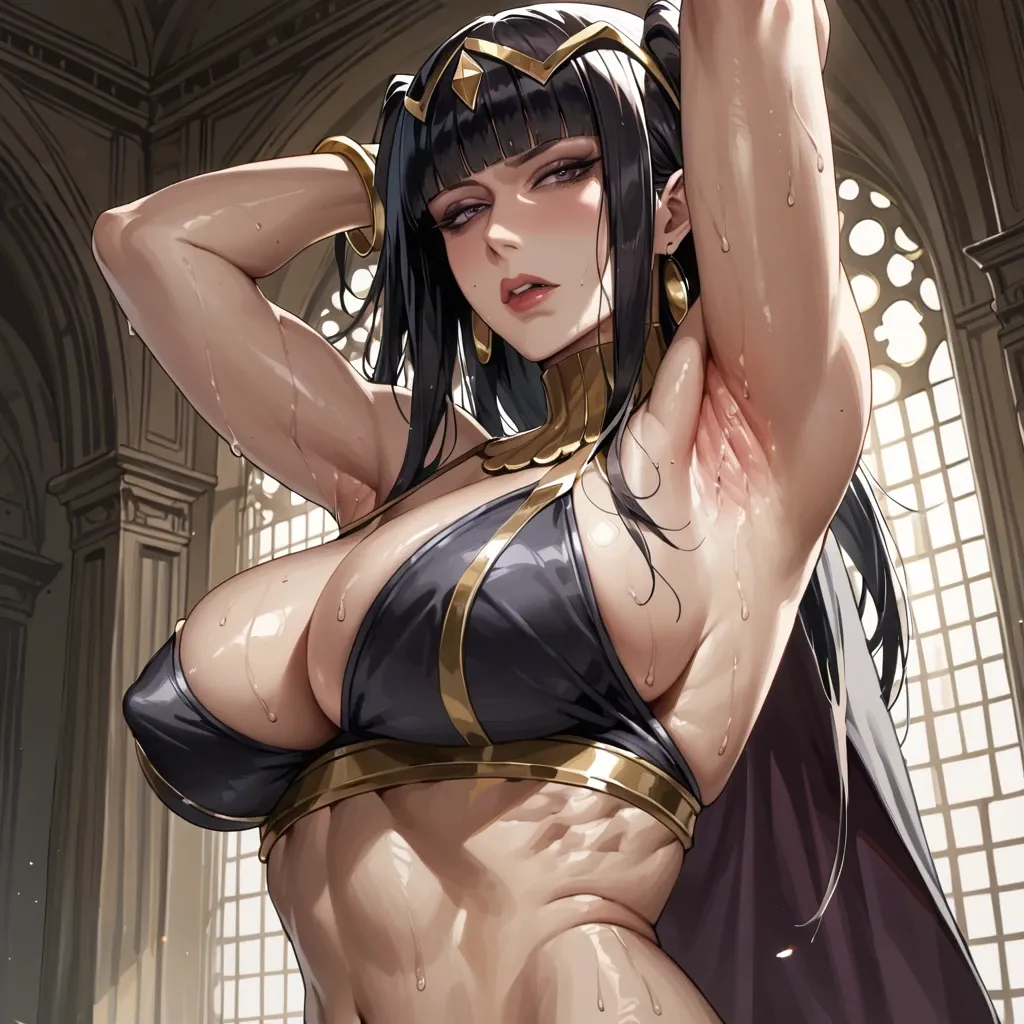 Tharja Mature Milf armpit fetish armpit focus large breasts ribs focus public hair side view from below sweaty lying palace interior