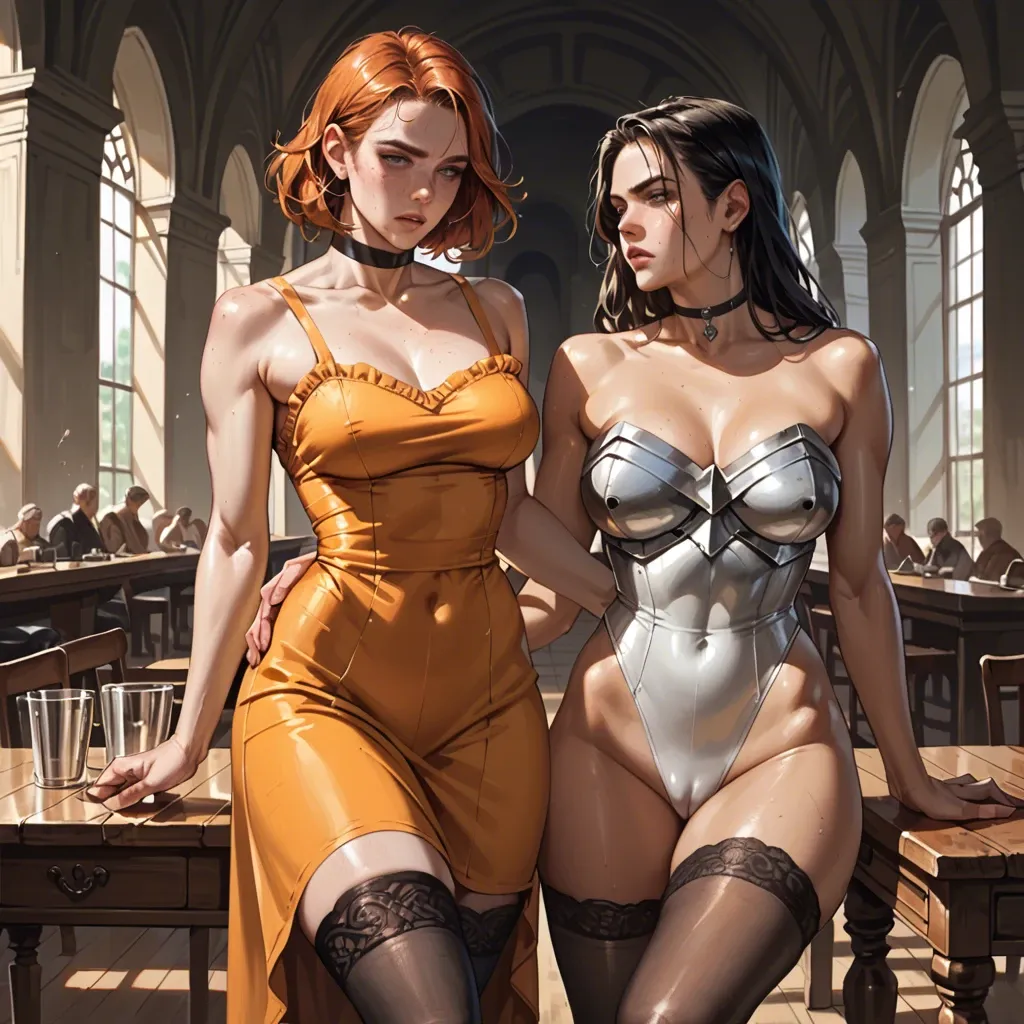 2girl, , , , detailed irises,armour,saggy boobs,super wide hips,glossy skin, facial freckles,elbow,medium boobs,table,bare shoulder, orange sundress,black stockings,black choker,white leotard,white sneakers, nightgown,fishnet gloves,jewelry,black leotard,platform heels, baggy pants,pantyhose pull,suspenders,gray sports bra,black sneakers, gymnast, blake, spaceship, sit on a couch, miku hatsune