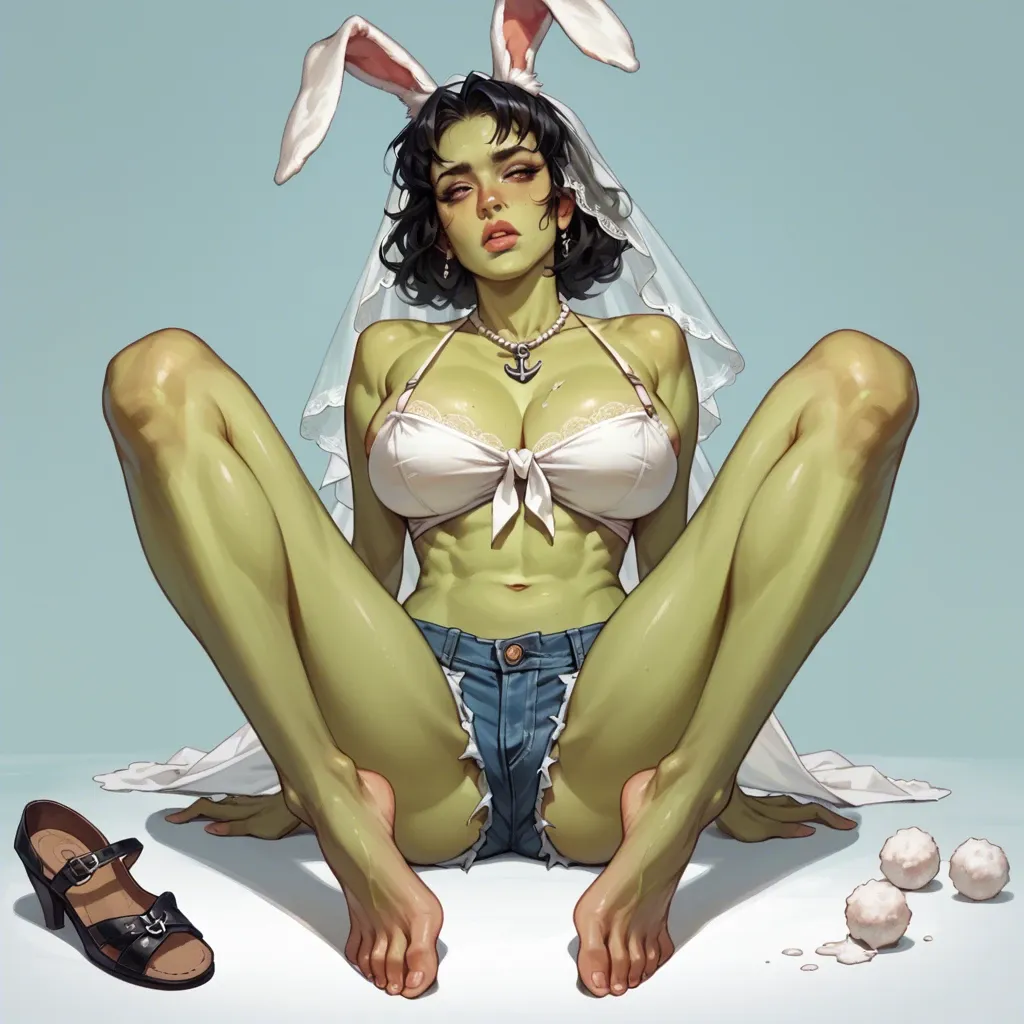 1girl,solo, , , , bubble in nose,feet focus,big perky boobs,skinny abdomen,green skin, lips parted,feet,round breasts,rabbit ears,anchor necklace, jean hotpants,lace,veil,cotton panties,platform heels, street fighter, medieval prison, shelf, 2 boys, spider-gwen, asuka langley