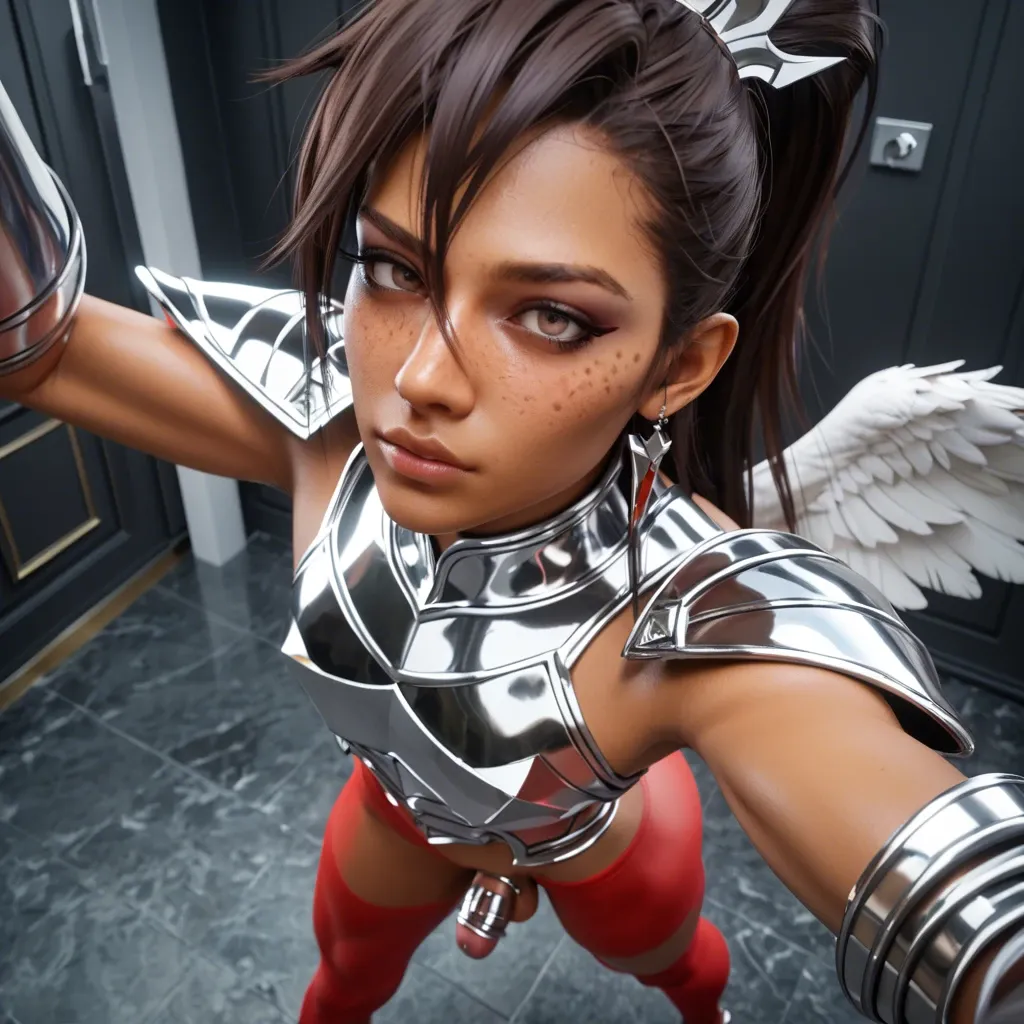 1femboy,3d,pegasus seiya(saint seiya),brunette, freckles,perfect femboy,solo posing,standing,red tights,silver pegasus armor,tan skin, tanned skin,chastity cage,selfie,high-angle,defined,jungle