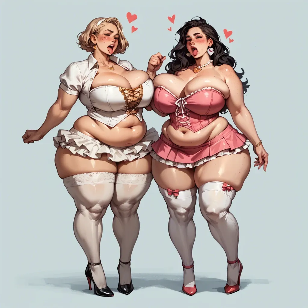 2girl, , , , tongues,thigh highs,big perky boobs,microwaist,knees apart, facial freckles,fat obese arms,round breasts,covered navel,heart necklace, mini skirt,white socks,golden necklace,pink corset,heels, robe,knee-high socks,gold tiara,bra,no shoes, black shirt,pantyhose,panties,white bikini,heels, shower, parking, on desk, realistic, dark brown eyes, wonder woman, dynamic pov