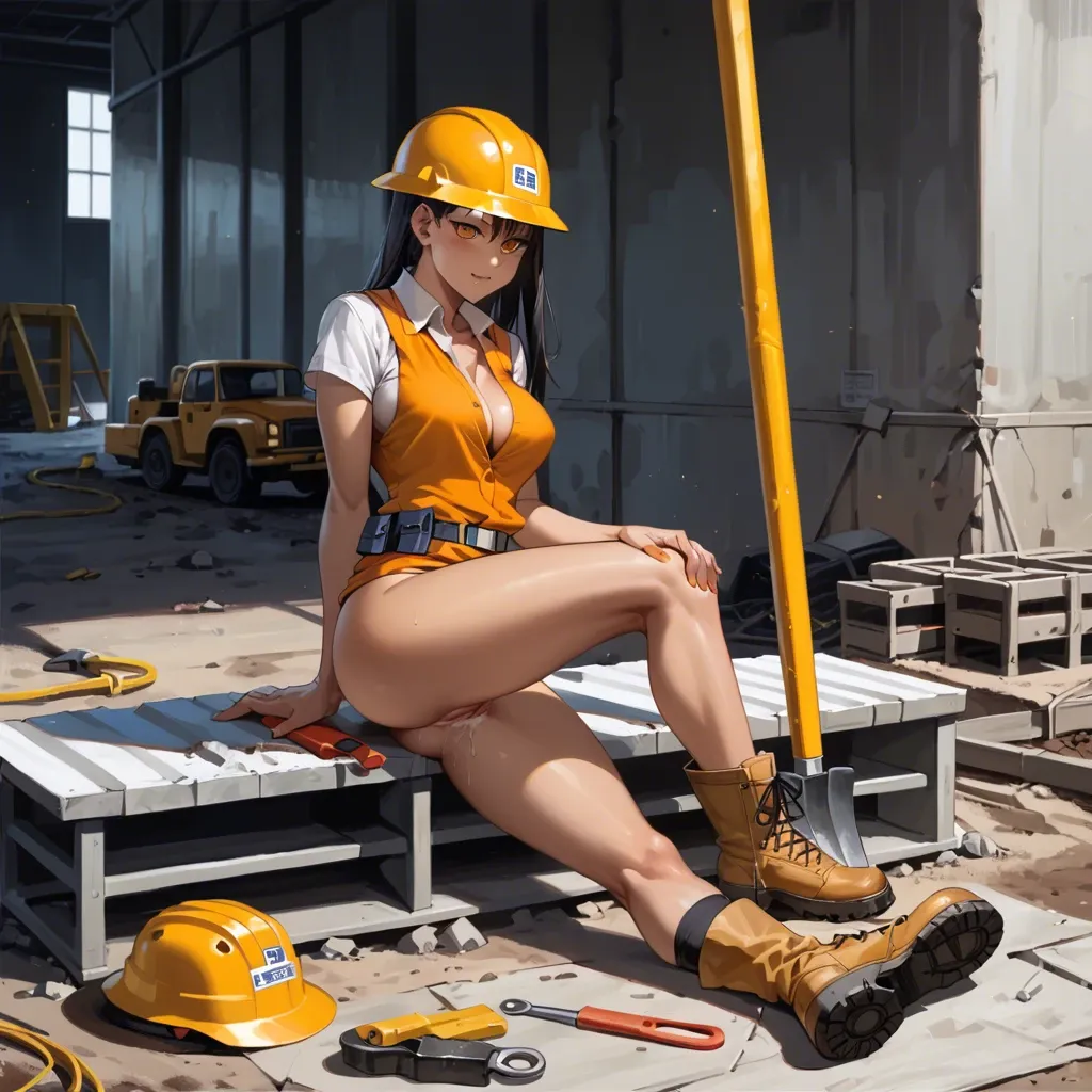 (( Hayase Nagatoro)) Sexy construction worker, she is naked but wearing her yellow hard hat, tool belt, construction boots and orange vest with reflective, full body, hourglass body, big breasts and ass.