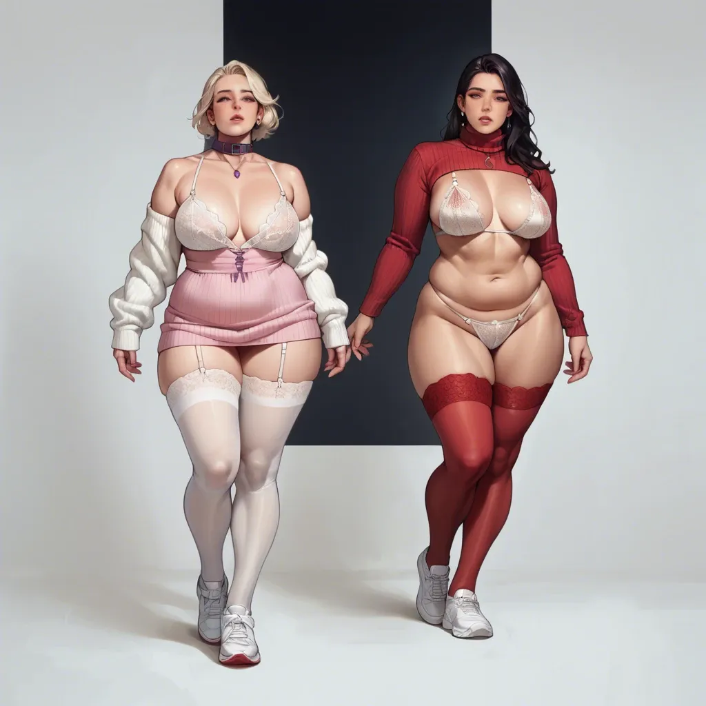 2girl, , , , thin lips,white legwear,nipple piercing,plump pecs,purple necklace, cheek bulge,on tiptoe,white skin, sweater,lace lingerie,collars,white bikini,white sneakers, pink dress,red stockings,opaque glasses,latex bodysuit,platform heels, shower, waterfall, spaceship, detailed, moody lighting, zelda, waifu