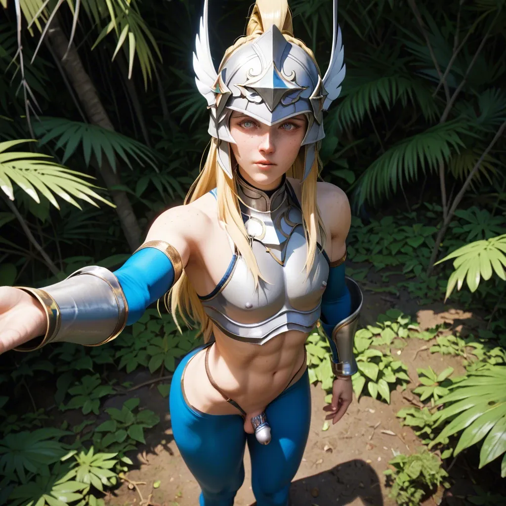 1femboy,3d,cygnus hyoga (saint seiya),blonde, freckles,perfect femboy,solo posing,standing,blue tights,silver armor,silver helmet, jungle,chastity cage,selfie,boy awe,high-angle,defined