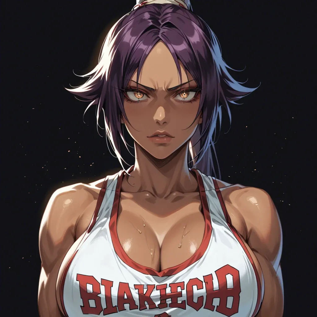 Show back, yoruichi shihoin (bleach), basketball lakers jersey, massive breast, seductive face, brilliant eyes, upper body, detailed face, black background, do not show hands, abs, High definition