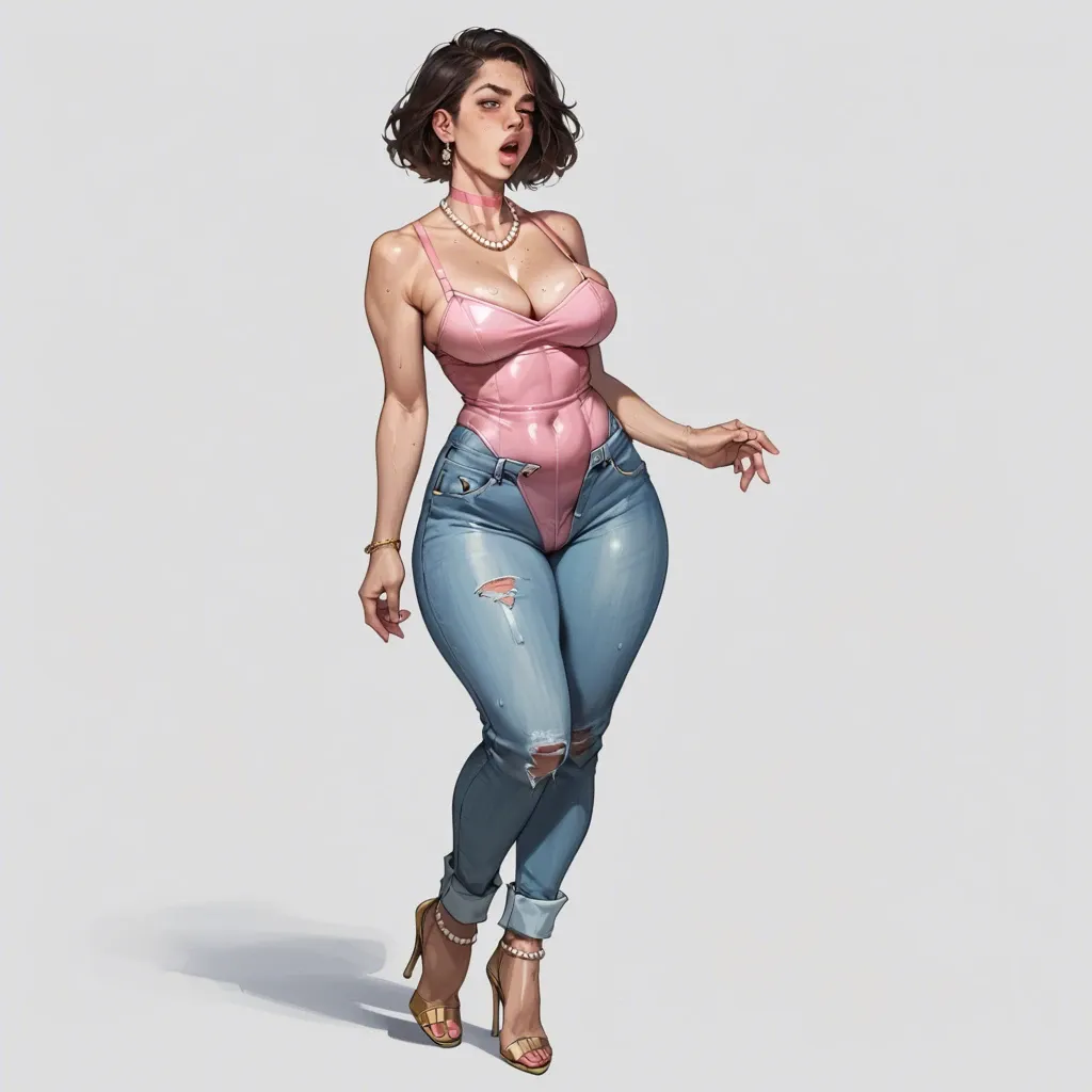 1girl,solo, , , , freckled breast,highleg leotard,big tits,very large hips,throat, jeans,gold anklets,pearl necklace,wet panties,high heels, baggy pants,lace stockings,pink choker,pulled bra,thigh boots, kitchen, depth of field, cyberpunk, headphones, mario and luigi, elsa, ayanami