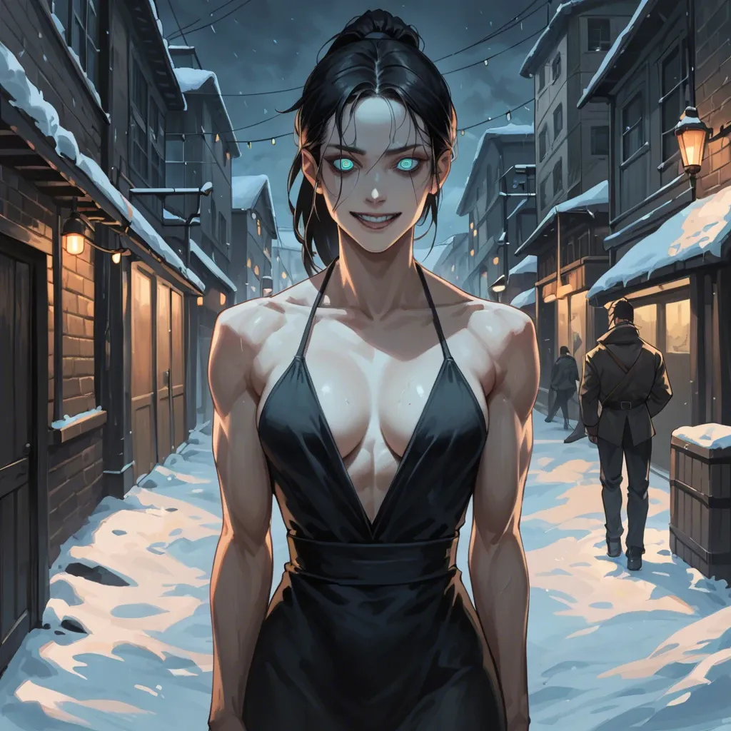 Female, pale, muscular, skinny, black dress, black hair, ponytail, glowing turquoise eyes, staring, yandere, smiling, dark alleyway, flickering lights, snow, night, creepy, sci-fi