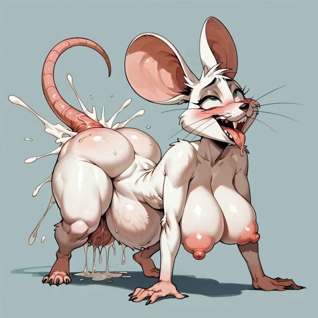 cartoonish zoophilia view of white furry mouse, huge fat inflated silicon saggy tits with huge puffy nipples, no background, extremely squint-eyed smiling blushing ahegao orgasm, naked furry, anal fucking huge furry rat with huge cock, classy makeup