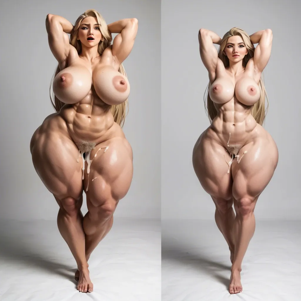 @rapunzel, blonde, athletic, black and white photo, gigantic contrast, gigantic creampie, naked, gigantic hips, gigantic muscular thighs, dancing, light pubic hair, multiple views