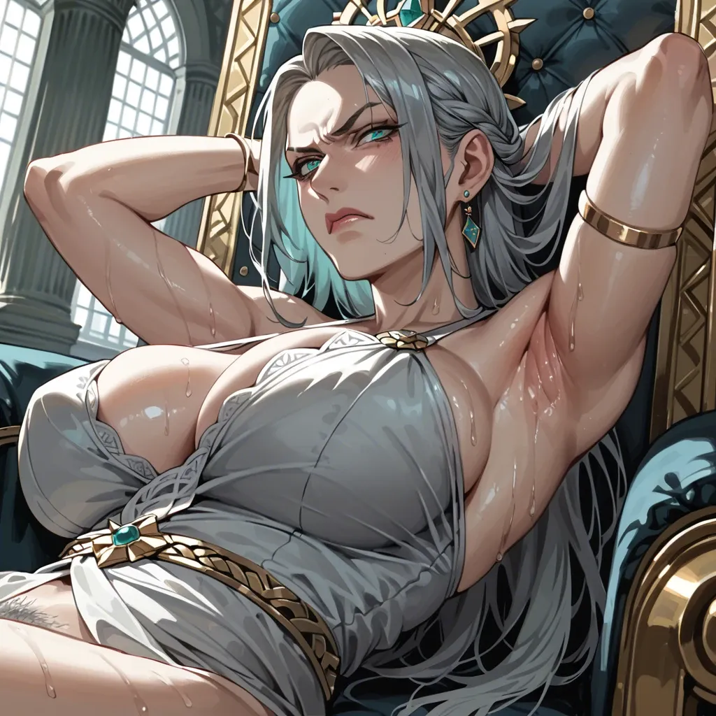 Turquoise eyes gray skin Milf armpit fetish armpit focus sweaty large breasts throne breast focus side view from below lying back focus scowling grey pubic hair