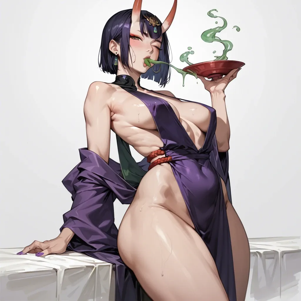 Shuten-Douji, purple dress, plunging neckline, abdominal jewelry, pelvic curtain, wide hips, thick thighs, wink, blowing raspberries