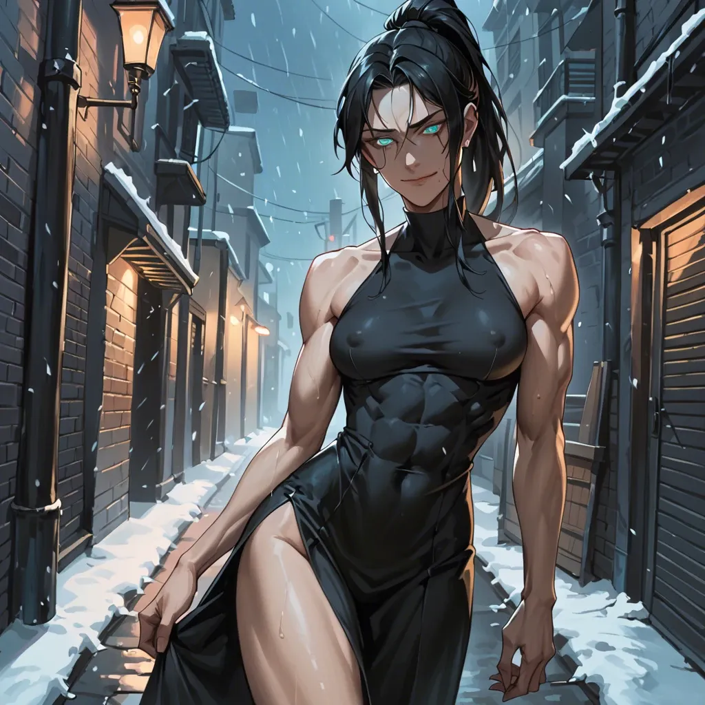 Female, pale, muscular, skinny, black dress, black hair, ponytail, glowing turquoise eyes, staring, yandere, smirking, dark alleyway, night, winter, snowing, sci-fi