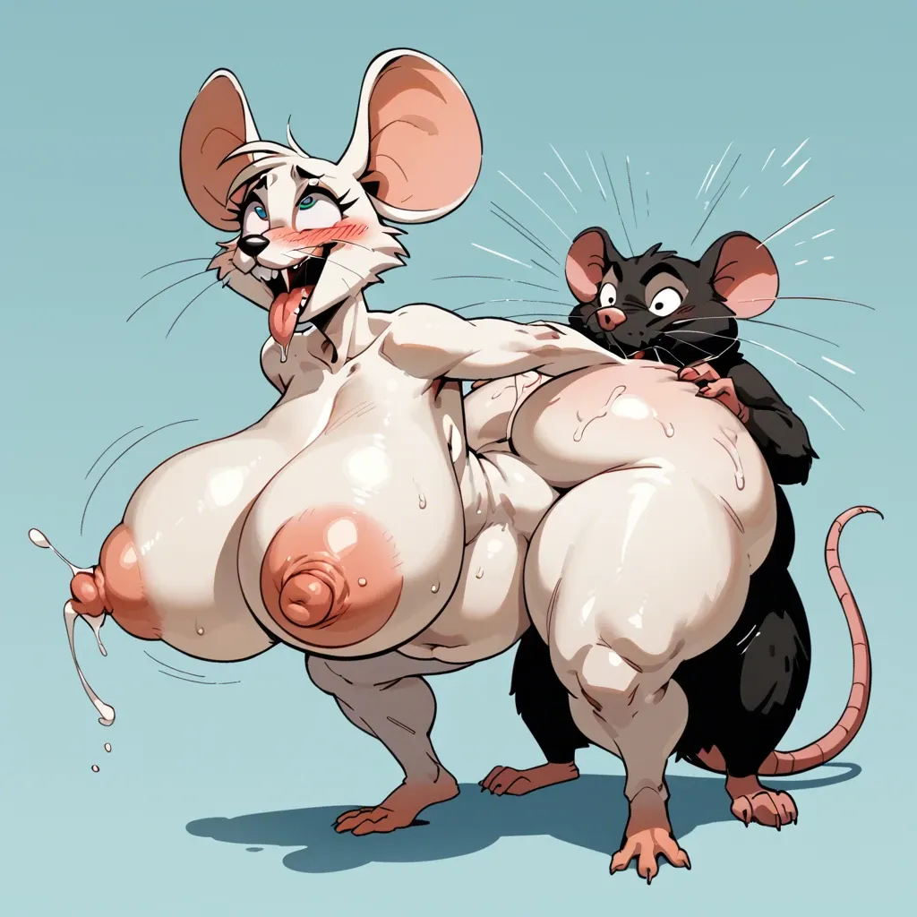 cartoonish zoophilia view of white furry mouse, huge fat inflated silicon saggy tits with huge puffy nipples, no background, extremely squint-eyed smiling blushing ahegao orgasm, naked furry, anal fucking huge furry rat with huge cock, classy makeup