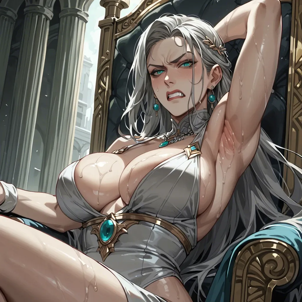 Turquoise eyes gray skin Milf armpit fetish armpit focus sweaty large breasts throne breast focus side view from below back focus scowling clenched teeth grey pubic hair