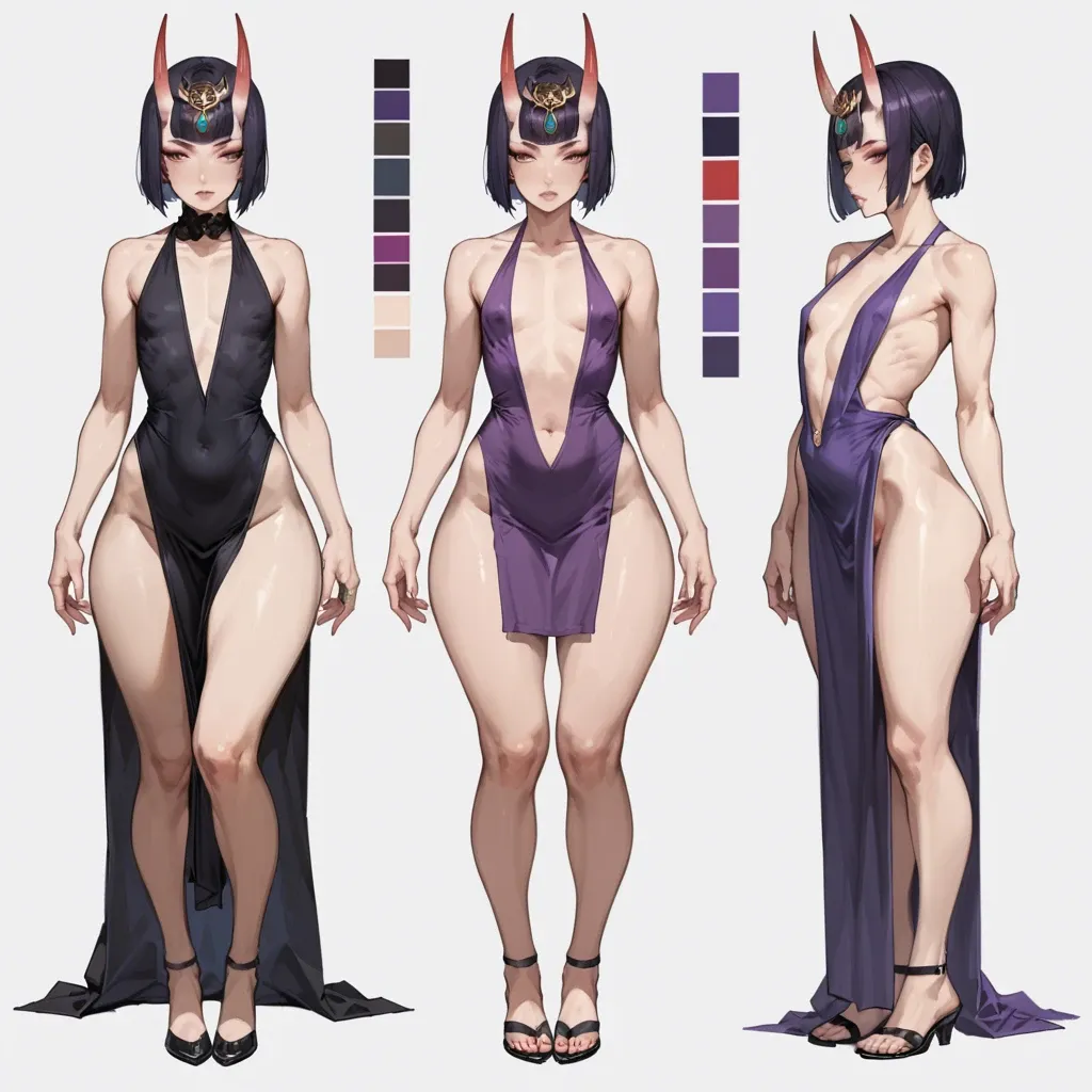 Shuten-Douji, flat chest, purple dress, plunging neckline, abdominal jewelry, pelvic curtain, wide hips, thick thighs, ((reference sheet, multiple angles, multiple poses, anus))