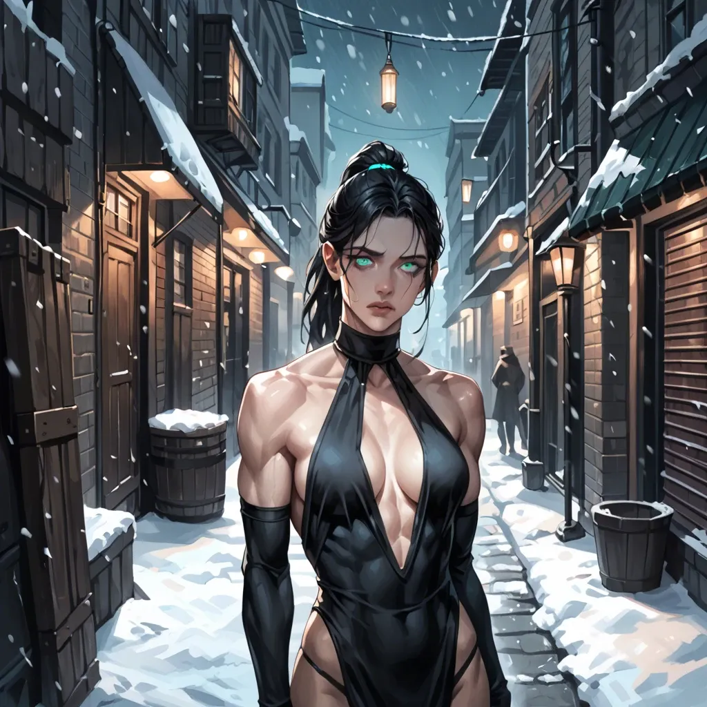 Female, pale, muscular, skinny, skimpy black dress, black hair, ponytail, glowing turquoise eyes, staring, yandere, calm, dark alleyway, night, winter, snowing, sci-fi