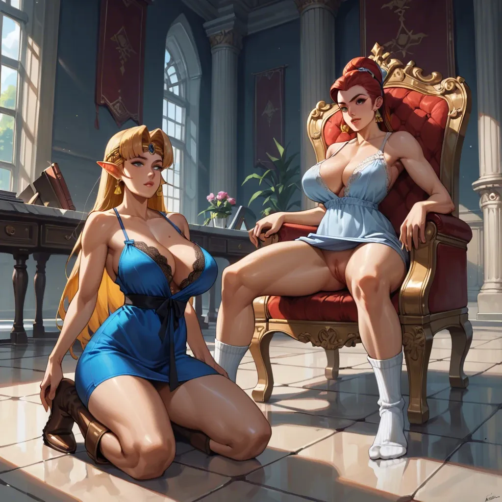 2girl, , , , rosy cheeks,legs in the air,huge breasts,slender waist,kneeling, nightdress,baggy socks,gold earrings,lace bra,knee boots, office outfit, street fighter, throne room, zelda sd, ariel