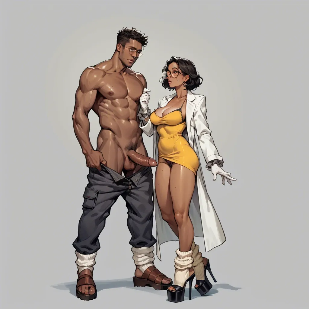 1girl,1boy, , , , freckled,arm support,round big tits,lab coat,dark grey skin, yellow dress,baggy socks,circle glasses,panties,platform heels, pants,leg warmers,frilled gloves,thongs,no shoes, jeans,black leggings,linked collars,leotard aside,ballet shoes, bedroom, beach, medieval tavern, embedding, western cartoon, sunlight, 2b, belle