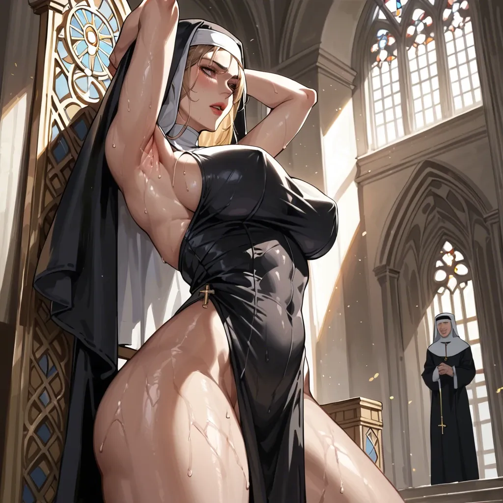 Nun armpit fetish armpit focus sweaty large breasts side view from below palace interior on throne breast focus athletic