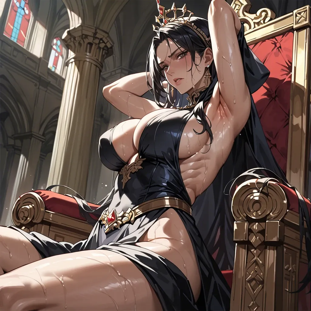 Warrior armpit fetish armpit focus sweaty large breasts side view from below palace interior on throne breast focus athletic