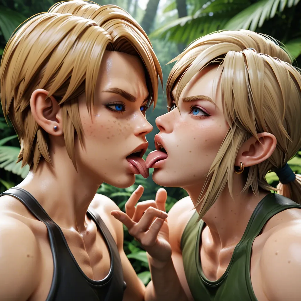 2femboy,3d,trunks (dragon ball),link,collaborative,freckles,girly male,jungle,tight,tongue kiss,perfect face,close-up,pov,miniboy