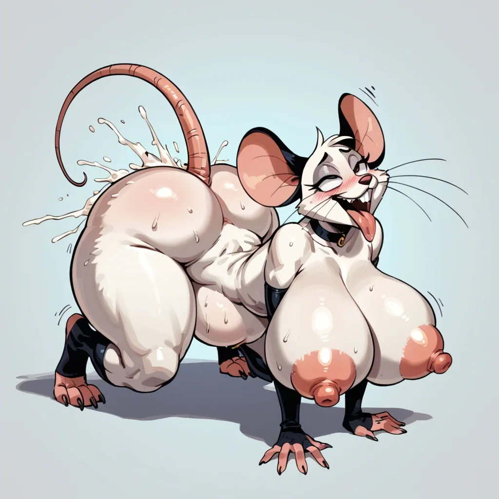 cartoonish zoophilia view of white furry mouse, huge fat inflated silicon saggy tits with huge puffy nipples, no background, extremely squint-eyed smiling blushing ahegao orgasm, naked furry, anal fucking huge furry rat with huge cock, classy makeup