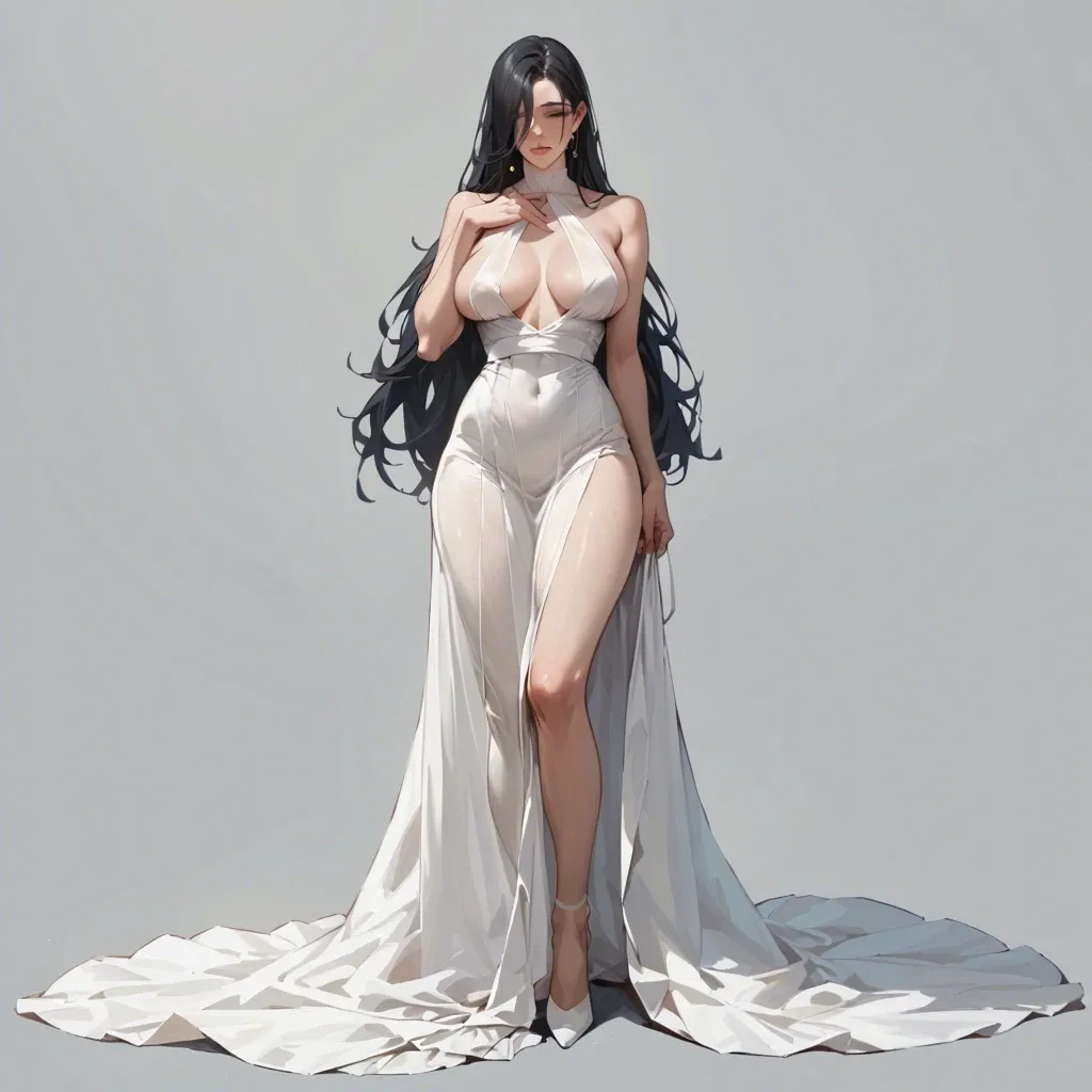 1woman, long black hair covering her eyes, big and heavy breasts, white long dress