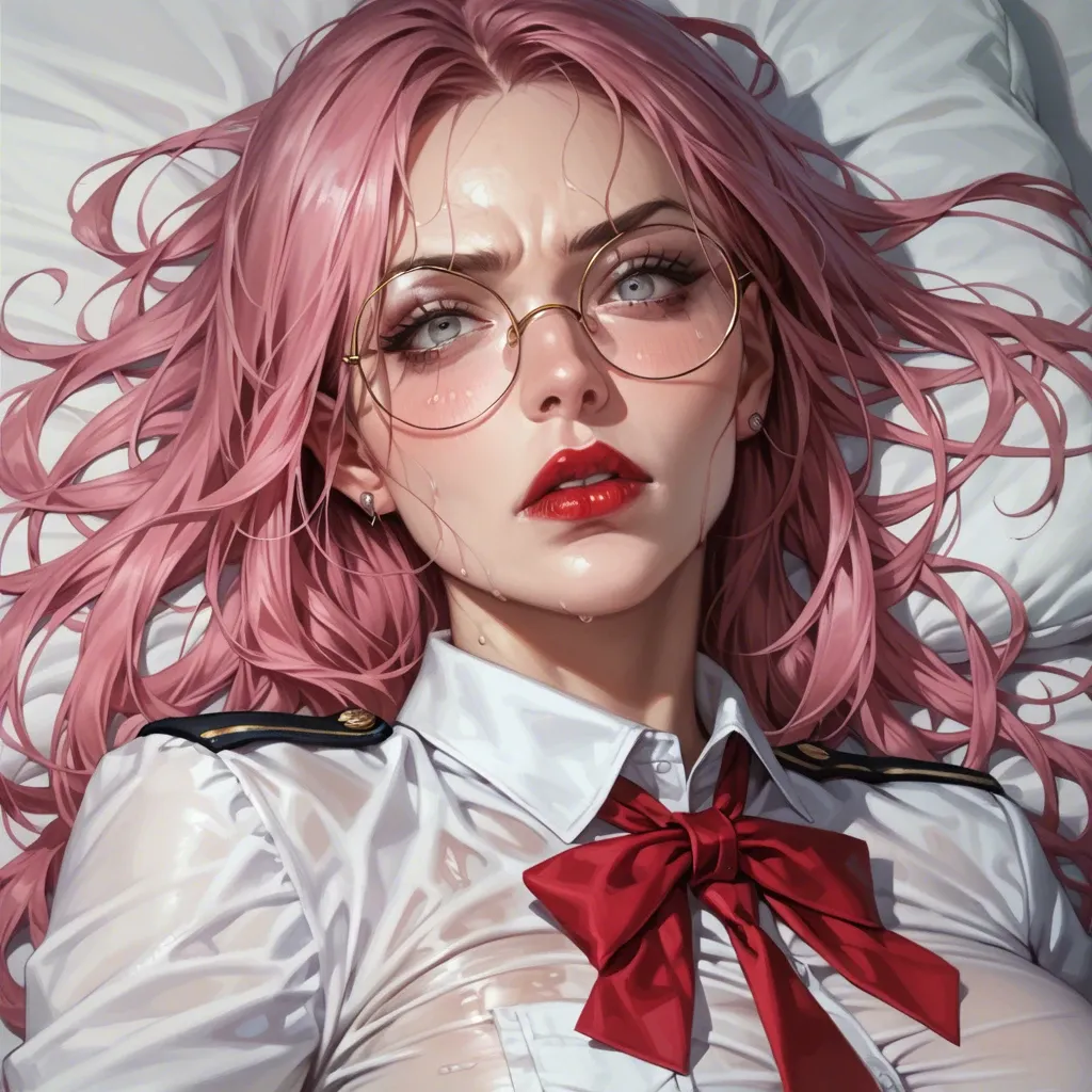 Girl with long pink hair, round eyeglasses, red lipstick, grey eyes, large breasts, ,wearing school uniform,slender proportioned girl,realistic image,tearful eyes,scowl face,girl lying on her back on bed, uniform is wet,huge and long penis,side view from,leak cum,he putting penis on her cheek from the side,arched back,exposing breasts,