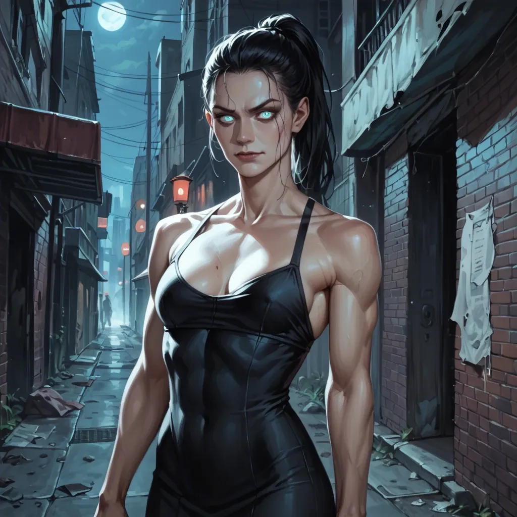 Female, pale, muscular, skinny, black dress, black hair, ponytail, glowing turquoise eyes, staring, yandere, smirking, night, creepy, sci-fi, realistic, dark city alleyway