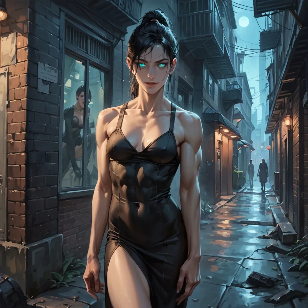 Female, pale, muscular, skinny, black dress, black hair, ponytail, glowing turquoise eyes, staring, yandere, smiling, night, sci-fi, realistic, dark city alleyway