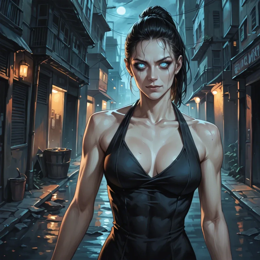 Female, pale, muscular, skinny, black dress, black hair, ponytail, glowing turquoise eyes, staring, yandere, smiling, night, creepy, sci-fi, realistic, dark city alleyway