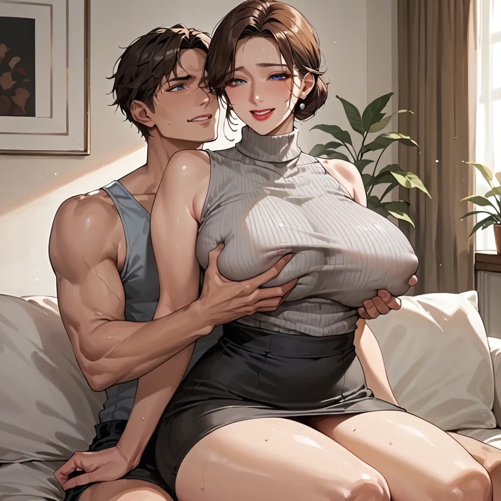 Korean milf, low bun, brown hair, blue eyes, lipstick, huge breasts, large hips, Gray sleeveless sweater,  black skirt, smiling, sitting on male lap, reverse sitting, breasts grope, bedroom