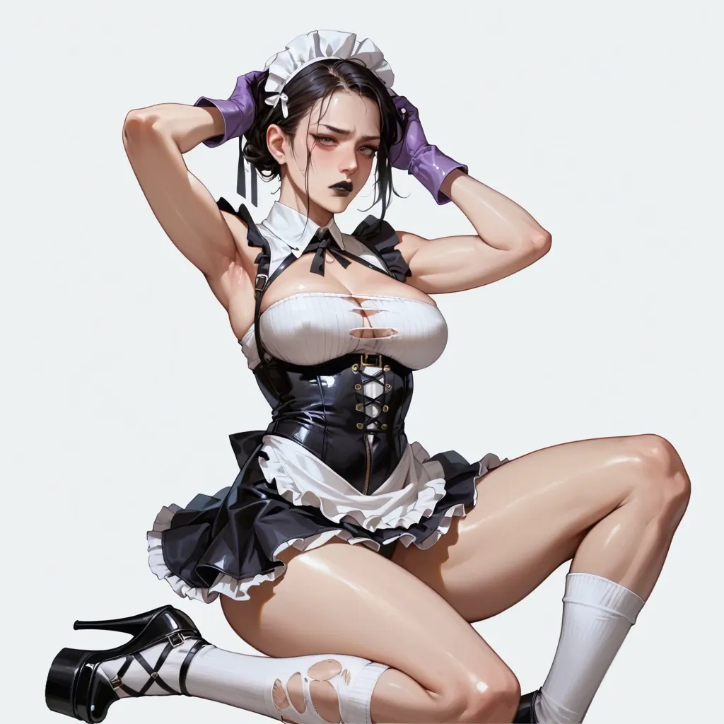 1girl,solo, , , , black lips,shaved armpits,round breasts,grab head,bare shoulder, white sweater,laced bodysuit,maid hat,highleg leotard,platform heels, torn skirt,baggy socks,purple gloves,highleg leotard,platform heels, alleyway, tavern, huge dildo, dildo sex, semi realistic, dark shadows, jasmine, miku hatsune