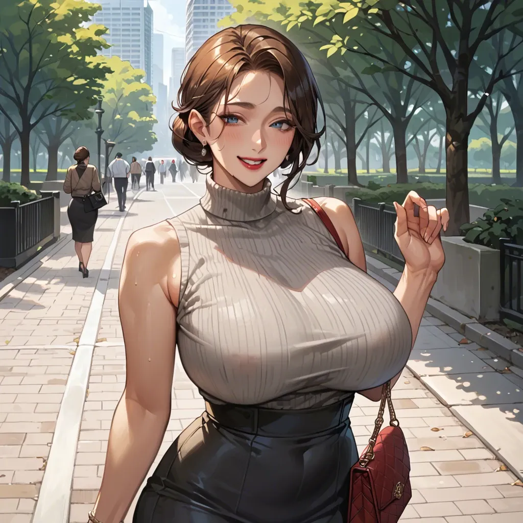 Korean milf, low bun, brown hair, blue eyes, lipstick, huge breasts, large hips, Gray sleeveless sweater, female purse, black skirt, smiling, park