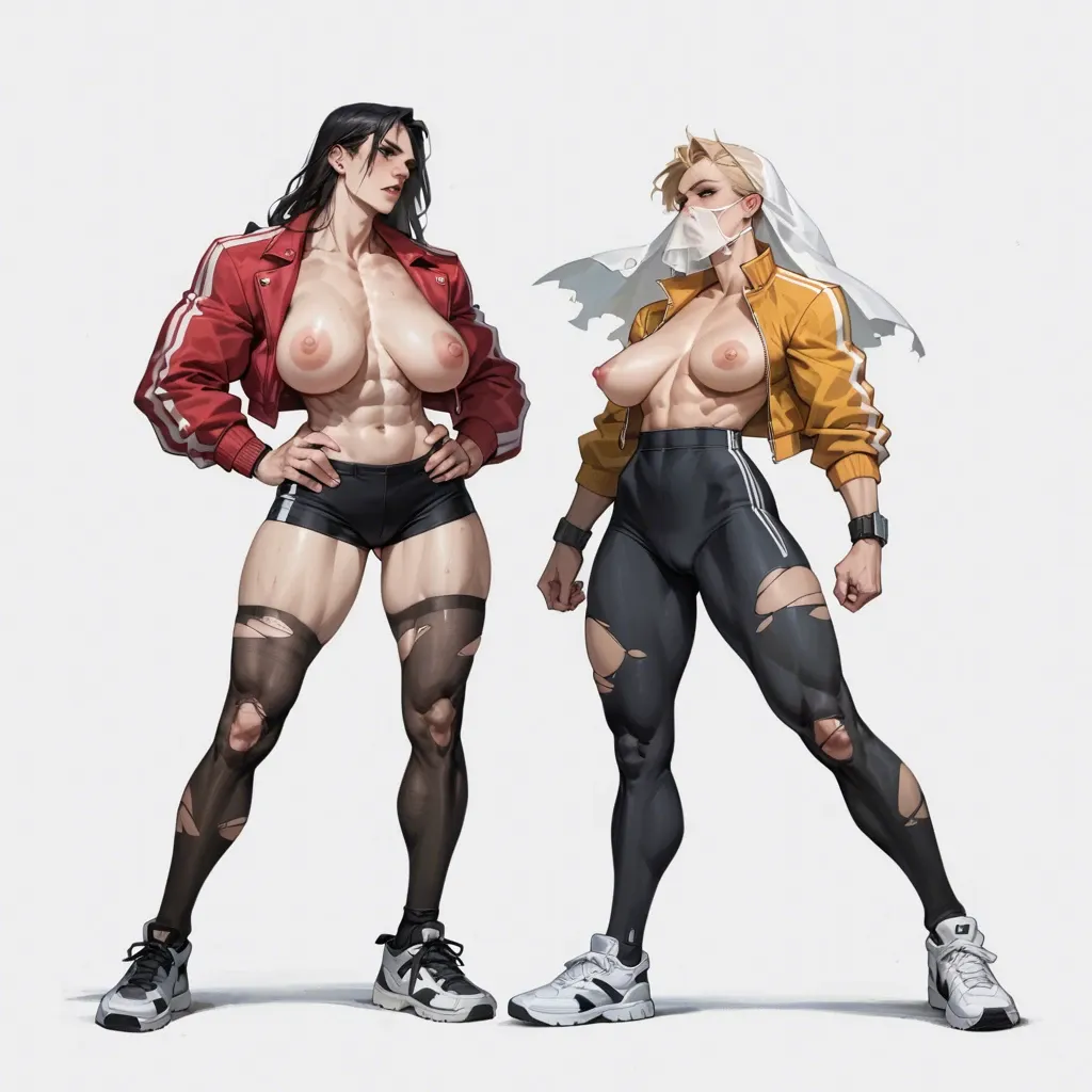 2girl, , , , spit on mouth,black leggings,saggy breast,back muscles,wrist, strong jawline,knee-highs,round breasts,hands on waist,neck, open jacket,torn thighhighs,white veil,teddy,sneakers, cow costume,knee-high socks,veil,no panties,white boots, shibari, city background, cyberpunk, unworn gag, princess zelda, wonder woman, waifu