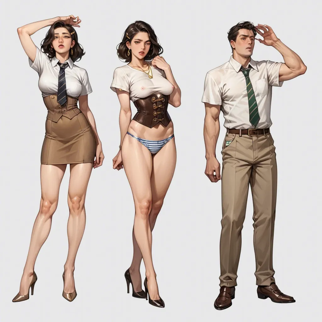 1girl,1boy, , , , very full lips,arm up,saggy boobs,look back,clenched, brown skirt,striped,tie clip,print panties,stiletto heels, lifted t-shirt,golden necklace,strings,corset piercing,high heels, bedroom, train, castle exterior, source anime, bright eyes, linked, wonder woman