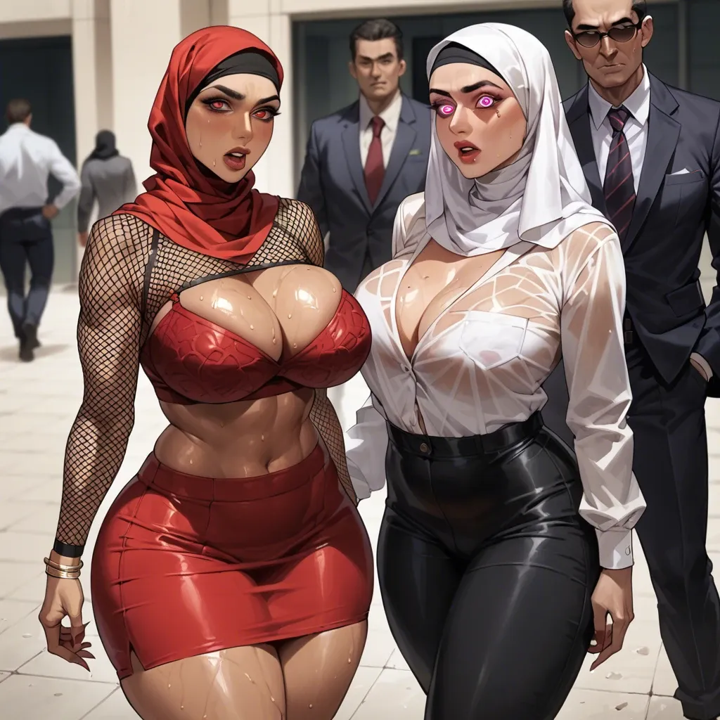 Women   in hijab, Cheating wife, fishnet clothes, fishnet top, cleavage, red hair, tight clothes, clothing fit, red skirt, hypnotic eyes, standing, sweaty, big voluptuous tits, thick thighs, oily skin, sweaty on whole body, big ass, faceless male, seduced, movement lines, bounce line, dripping saliva, heart love, orgasm, head thrown back, collar, big breasts, ahegao, panties down, bending over, fucked from behind, pegging, bending over, ahegao, cum in vagina, ultra detail, convulsion, orgasm, high angle, perfect view on boobs