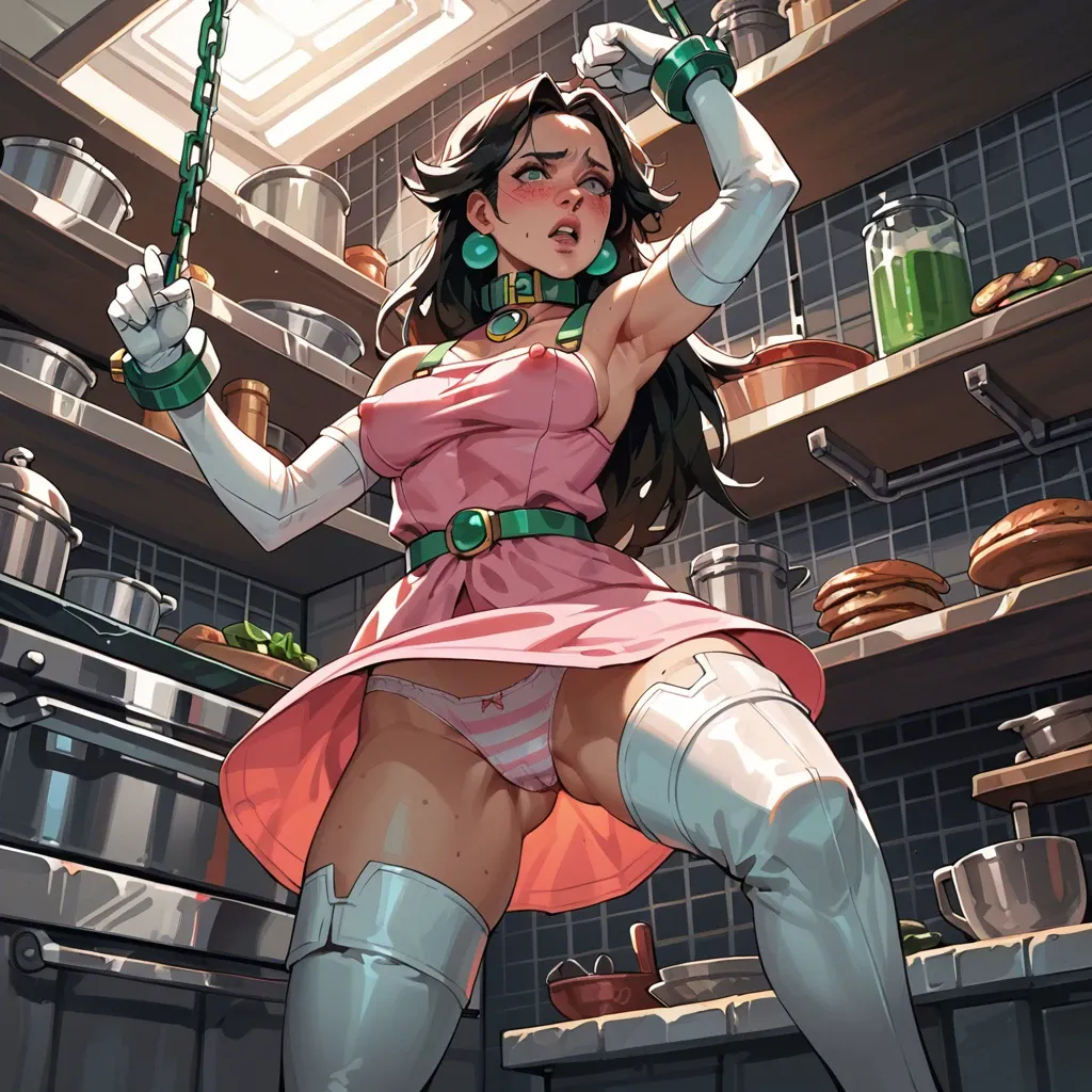 1girl,solo, , , , freckles,blushing,puffy nipple,abuse,elbow gloves, pink dress,striped,green collar,panties aside,thigh boots, in a kitchen, restrained, cyberpunk, shelf, super mario, jasmine, dynamic pose