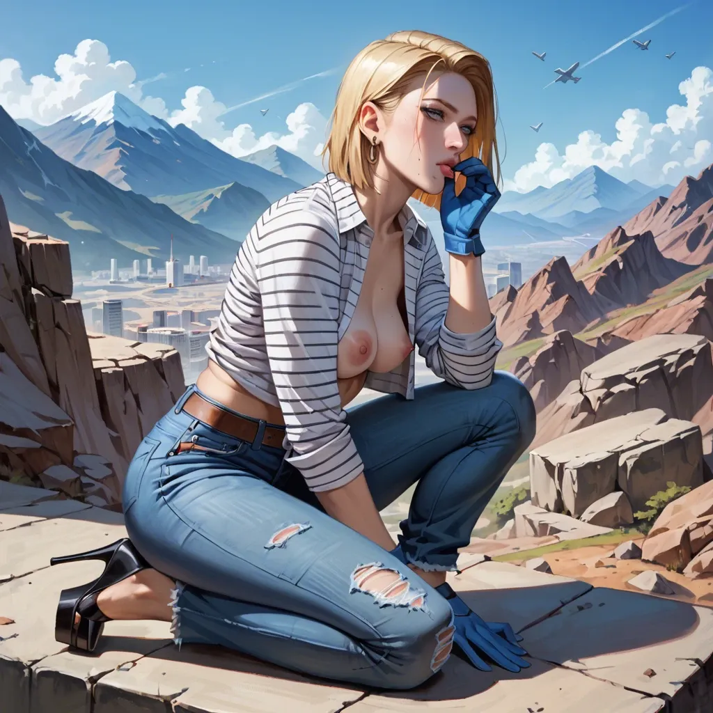 1girl,solo, , , , mole under eye,on knees,perky tits,breastfeeding,light-skinned, jeans,socks,blue gloves,no bra,platform heels, barbie, mountain, cyberpunk, android 18, live realistic, low light, tifa, wonder woman