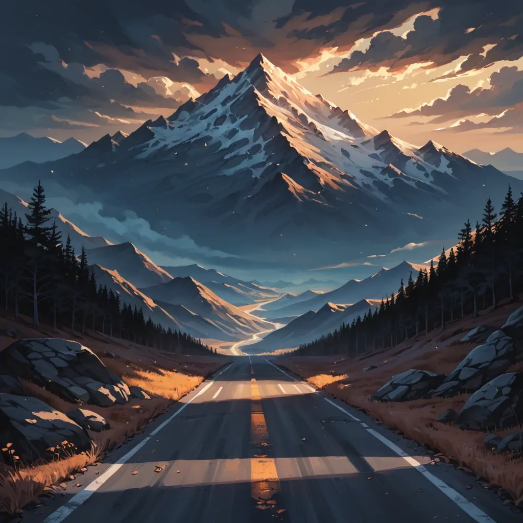 the road, at night, mountains, sky, view, empty, detailed