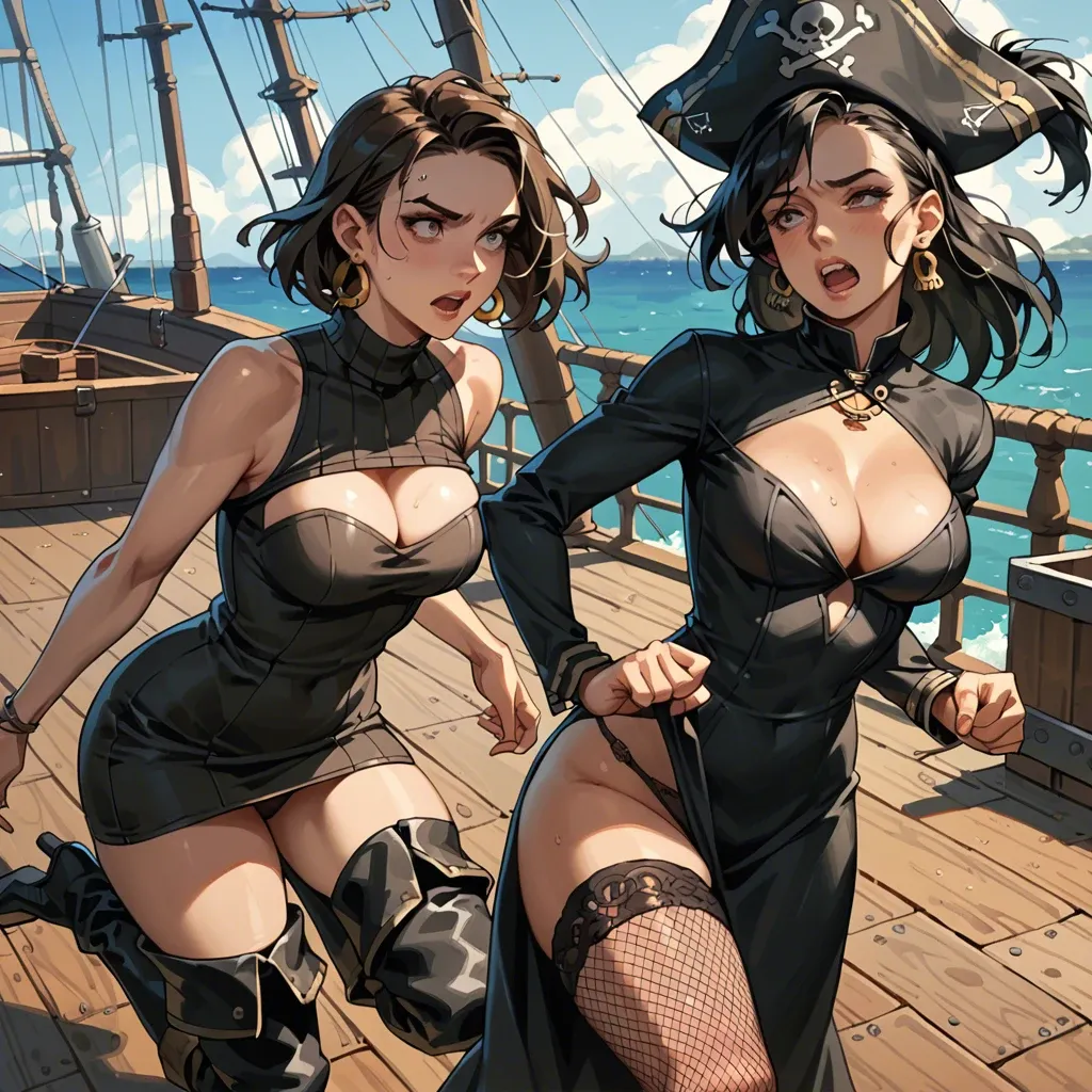 2girl, , , , rosy cheeks,thigh boots,medium boobs,ship deck,turtleneck, cocked eyebrow,monster feet,cleavage cutout,pirate ship,wrists, black dress,black fishnet,big earrings,panties aside,running shoes, glass shower, ocean, throne room, bedsheet, ariel waifu