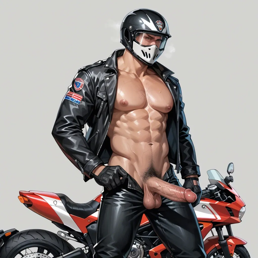 1 boy, motorbike helmet, big dick, dick, balls, penis hair, gloves, black tank top, jacket, opened chest, pants, standing, detailed, grey background