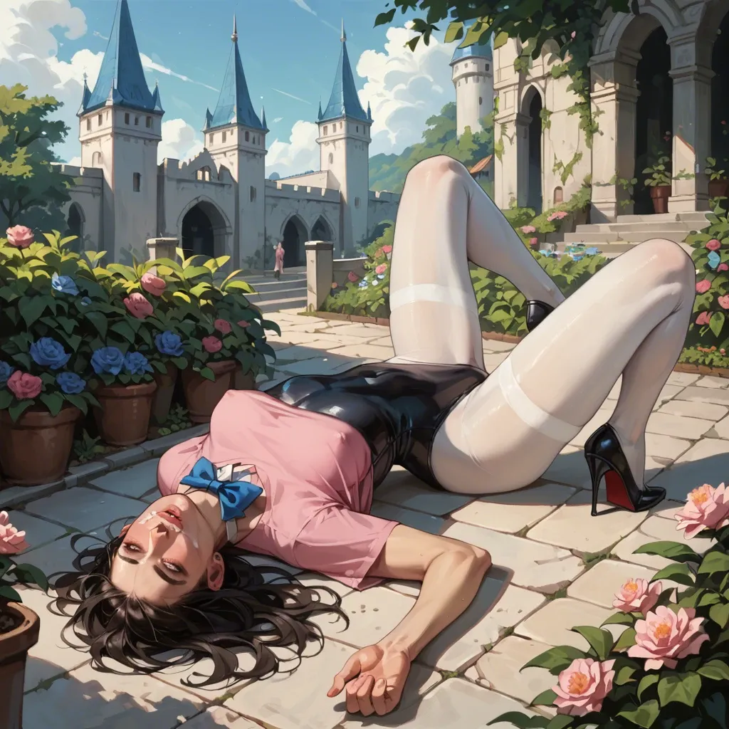 1girl,solo, , , , cock on cheek,toe,saggy boobs,lying on back,neck bell, pink t-shirt,white pantyhose,blue bowtie,black leotard,heels, barely, outdoor garden, castle, cyborg, detailed photo, low light, tifa lockhart