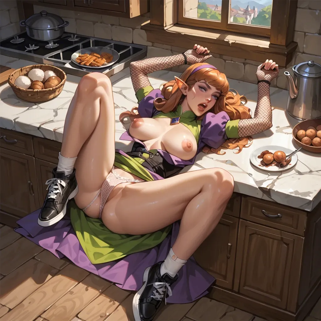 2girl, , , , areola slip,black footwear,big nipples,on back,on elbows, brown jacket,elf palace,fishnet gloves,cotton panties,black sneakers, in a kitchen, daphne blake, medieval dress, jasmine