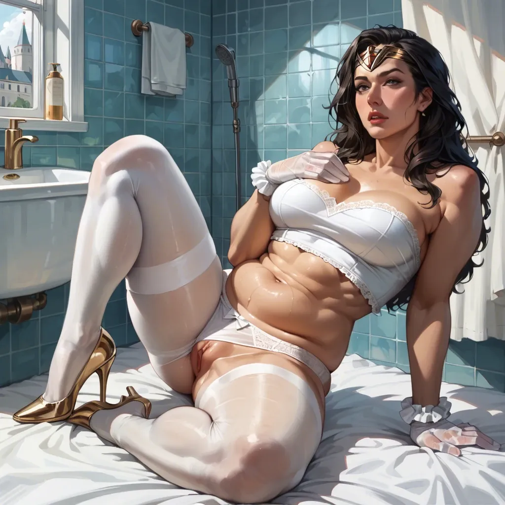 2girl, , , , perfect nose,hand on breast,slippery nipple,plump chest,one knee up, white crop top,white pantyhose,frilled gloves,panties aside,heels, bathroom, castle exterior, in front of bed, wonder woman