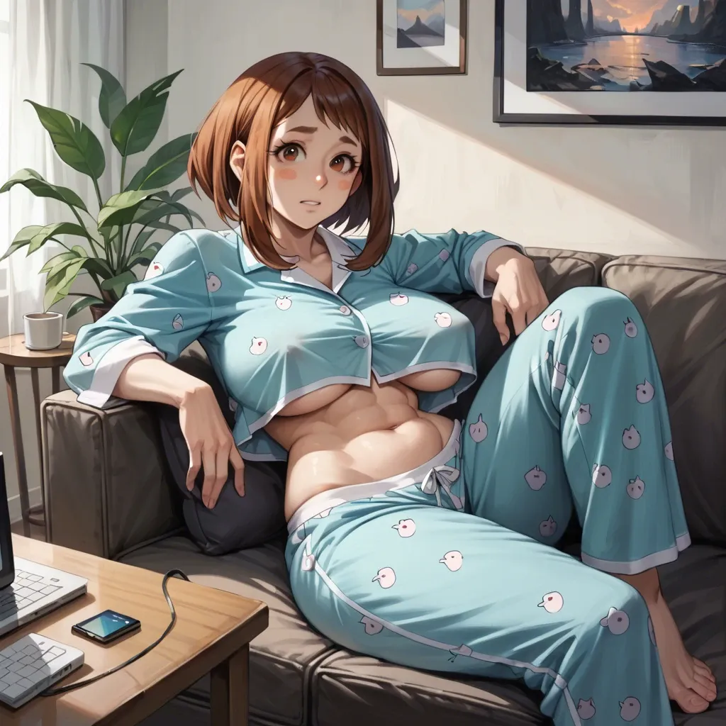 Huge tits, hyper tits, tits bigger than head, sofa, watching tv, uraraka, sexy pajamas