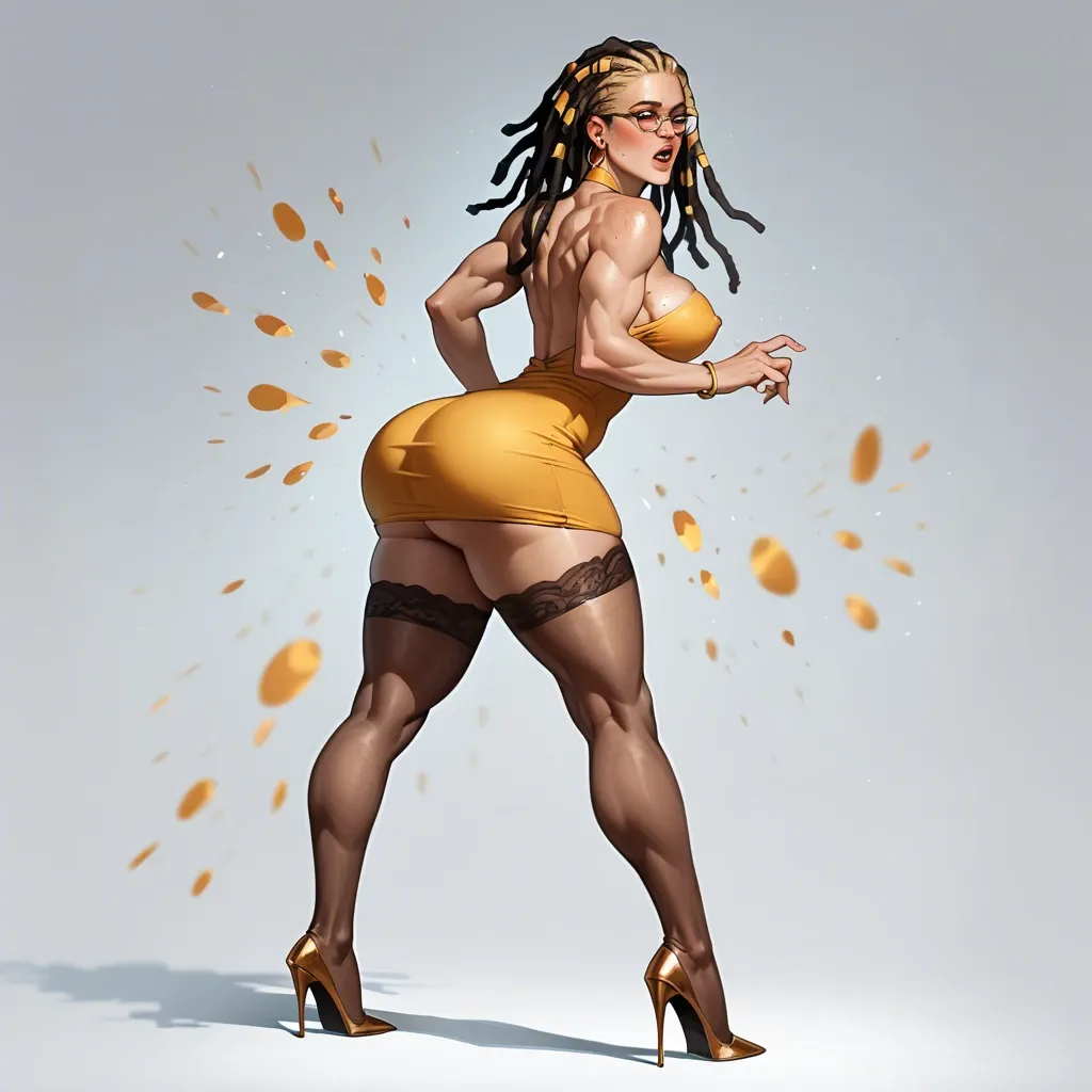 1girl, dreadlocks, blonde hair, toned, big breasts, big ass, wide hips, european, caucasian, high heels, dress, glasses, stockings, embarrassed, expressive, emotional, dynamic pose, golden hour, bokeh, freckles, oiled skin, night club, neon colors, anime style