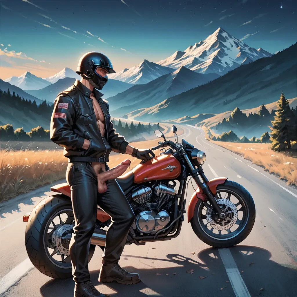 1 boy, motorbike helmet, huge dick, dick, balls, penis hair, gloves, jacket, opened chest, pants, standing, countryside, mountains, detailed, on the road, at night, empty